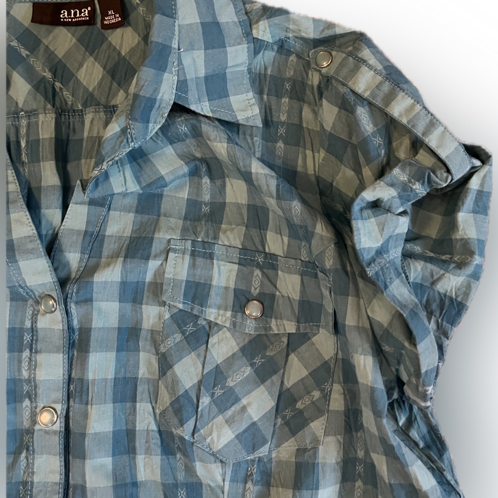 a.n.a Teal & Blue Green Checkered Snap Button-Down Country Western Shirt - Picture 4 of 12